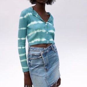 Zara Turquoise and White Ribbed Tie-Dye Button Cardigan